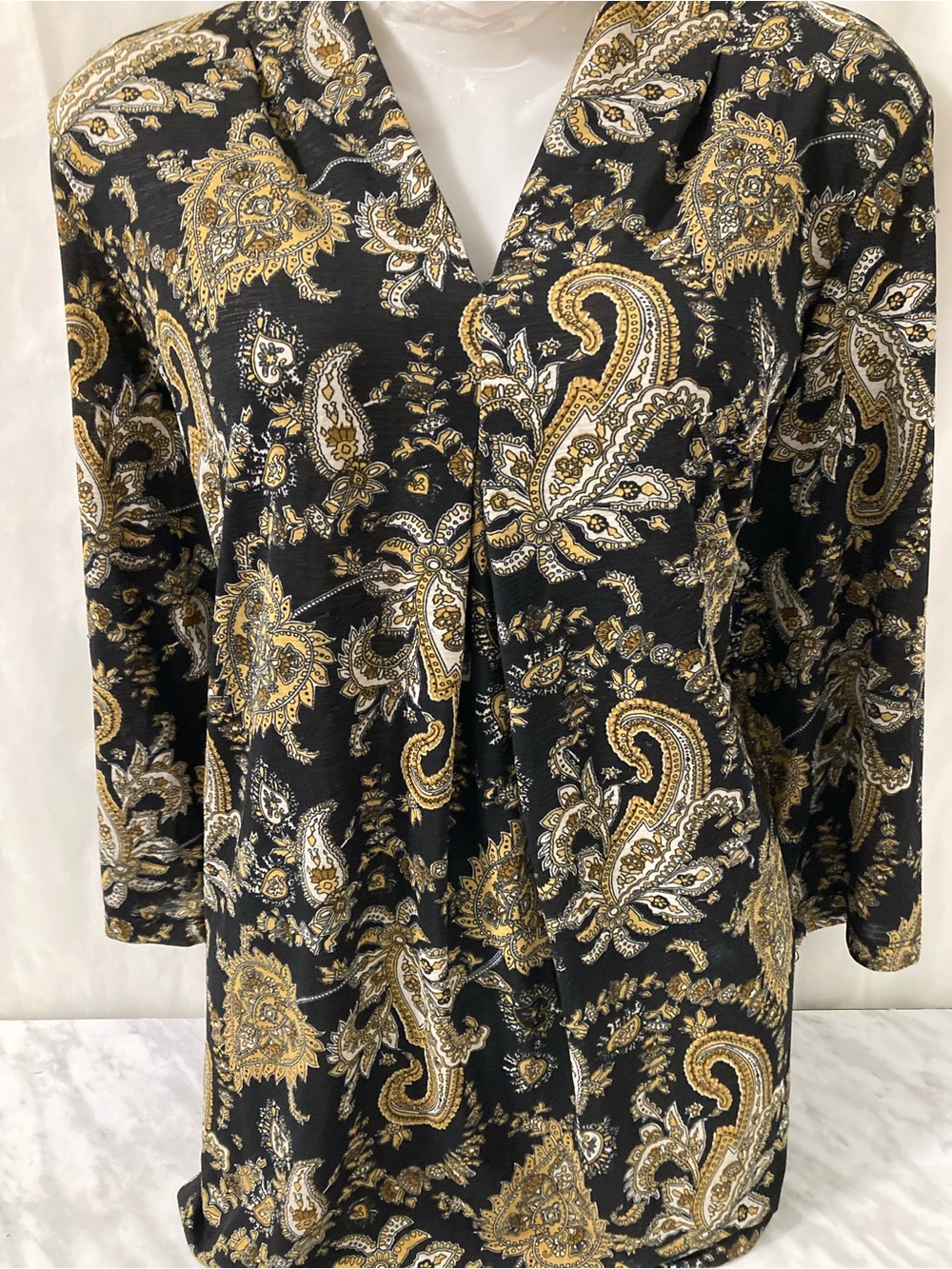 Suzy Shier Paisley Draped V Neck Tunic Top Black Gold XXL